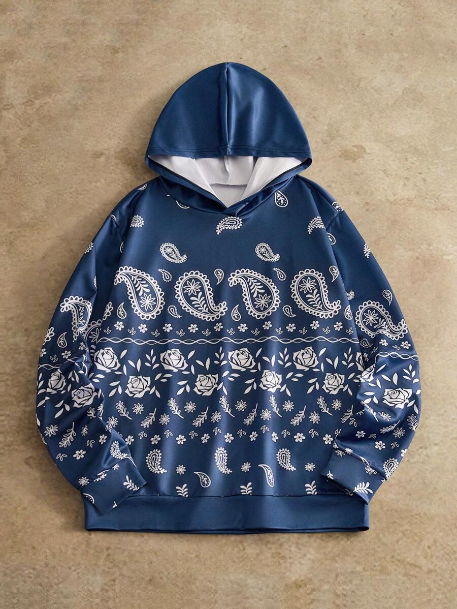 Manfinity NXTstreet Herren Lässiger Paisley-Muster Langarm Hoodie Sweatshirt, für Herbst und Winter - marineblau - Übersicht 1