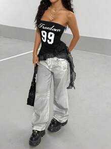 StreetHx 美国性感蕾丝不对称吊带印花露背吊带背心，夏季 - 黑色 - 查看 4