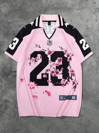 Prep Men's Floral & Numeric Print Short Sleeve Polo Shirt Jersey, Suitable For Everyday Wear In Spring/Summer, Fall