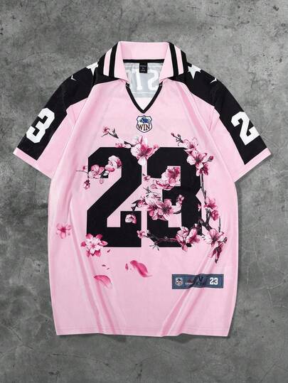 Prep Men's Floral & Numeric Print Short Sleeve Polo Shirt Jersey, Suitable For Everyday Wear In Spring/Summer, Fall