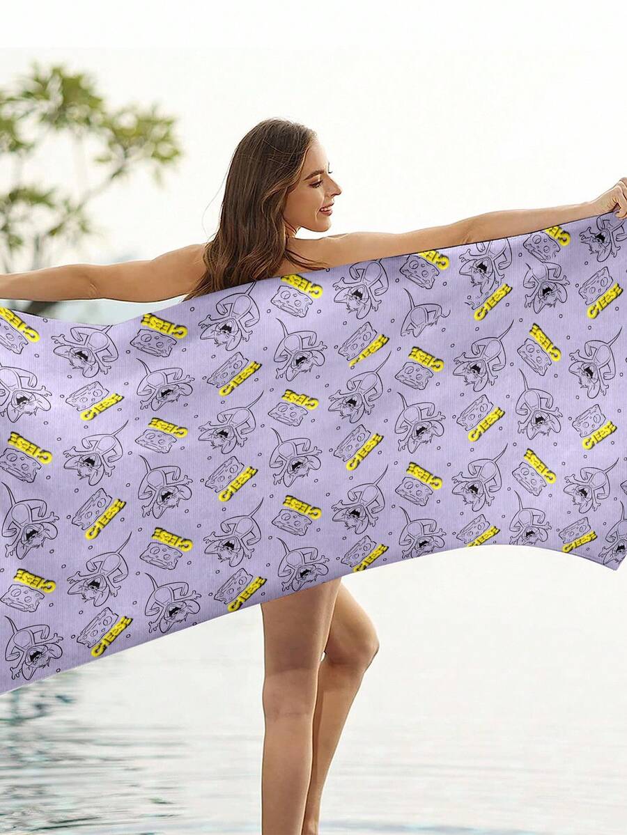 TOM & JERRY X SHEIN Cartoon Pattern Ultra-Soft Beach Towel - Premium Microfiber Travel Must-Have, Super Absorbent, Multi-Use For Seaside, Bath & Pet Care