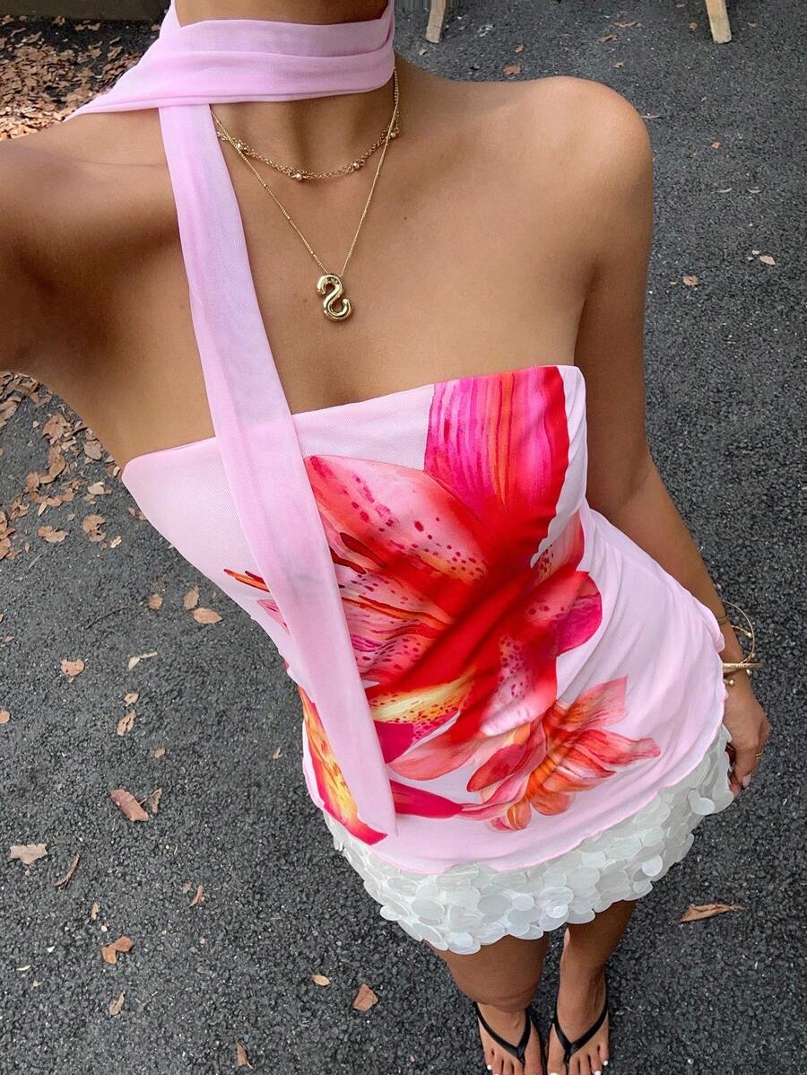 SHEIN EZwear 女士优雅花卉印花抹胸式上衣（配腰带），夏季 - 粉色 - 查看 1