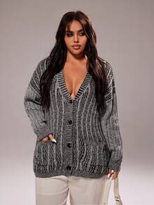 Rustia Casual V-Neck Single-Breasted Drop Shoulder Loose Knit Cardigan Jacket With Pockets, Street Style, Autumn/Winter Fall Cloth For Women - Grey - View 7