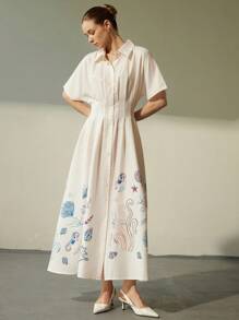 Aveloria Modichic 女士短袖宽松腰褶下摆海洋元素刺绣印花连衣裙 - 彩色 - 查看 3