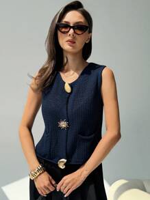 Aloruh New Arrival Autumn Round Neck Sleeveless Metal Button Decor Chunky Knit Cardigan Vest Top - Navy Blue - View 5