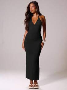 MUSERA Black Chic Autumn Vacation Strappy V Front Halterneck Crochet Knit Fitted Sweater Dress, Summer Beachwear Cover Up Party Evening Elegant Dress - Black - View 5