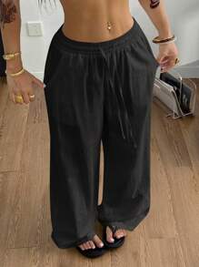 Coolane 女式夏季乡村音乐会外出海滩波西米亚风基本款简约水洗 100% 纯棉裤子 - 黑色 - 查看 2