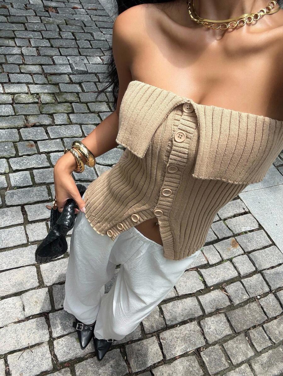 Siren Gaze 黄色露肩上衣 露肩上衣 女教师返校季秋季女装 纯色抹胸单排扣针织休闲罗纹条纹时尚毛衣 夏季棕色 - 卡其色 - 查看 1