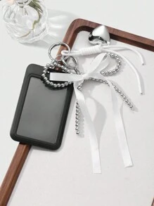 ROMWE Kawaii 1 件 Y2K 极简主义高端哥特式手工串珠银色 CCB 丝带蝴蝶结心形编织绳黑色亚克力校园卡/身份证夹 DIY 钥匙扣包饰，适合办公室职员、学生、日常穿着、节日礼物、万圣节 - 黑色 - 查看 8