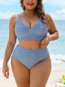 Swim Vcay Set Pakaian Renang Bikini Pantai Musim Panas Wanita Ukuran Besar Warna Polos Bertekstur - Baby Blue - View 5
