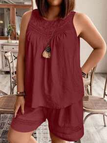 Plus Size Solid Color Hollow Out Sleeveless Top And Shorts Summer Vacation Casual Set