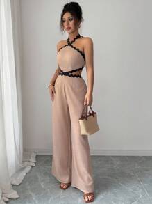 Rafferiza Women's Elegant Wave Strap Halter Hollow Out Waist Wide Leg Sleeveless Jumpsuit