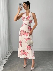 Modelyn Women's Floral Print Draped Neck Bodycon Dress - Pink - View 1
