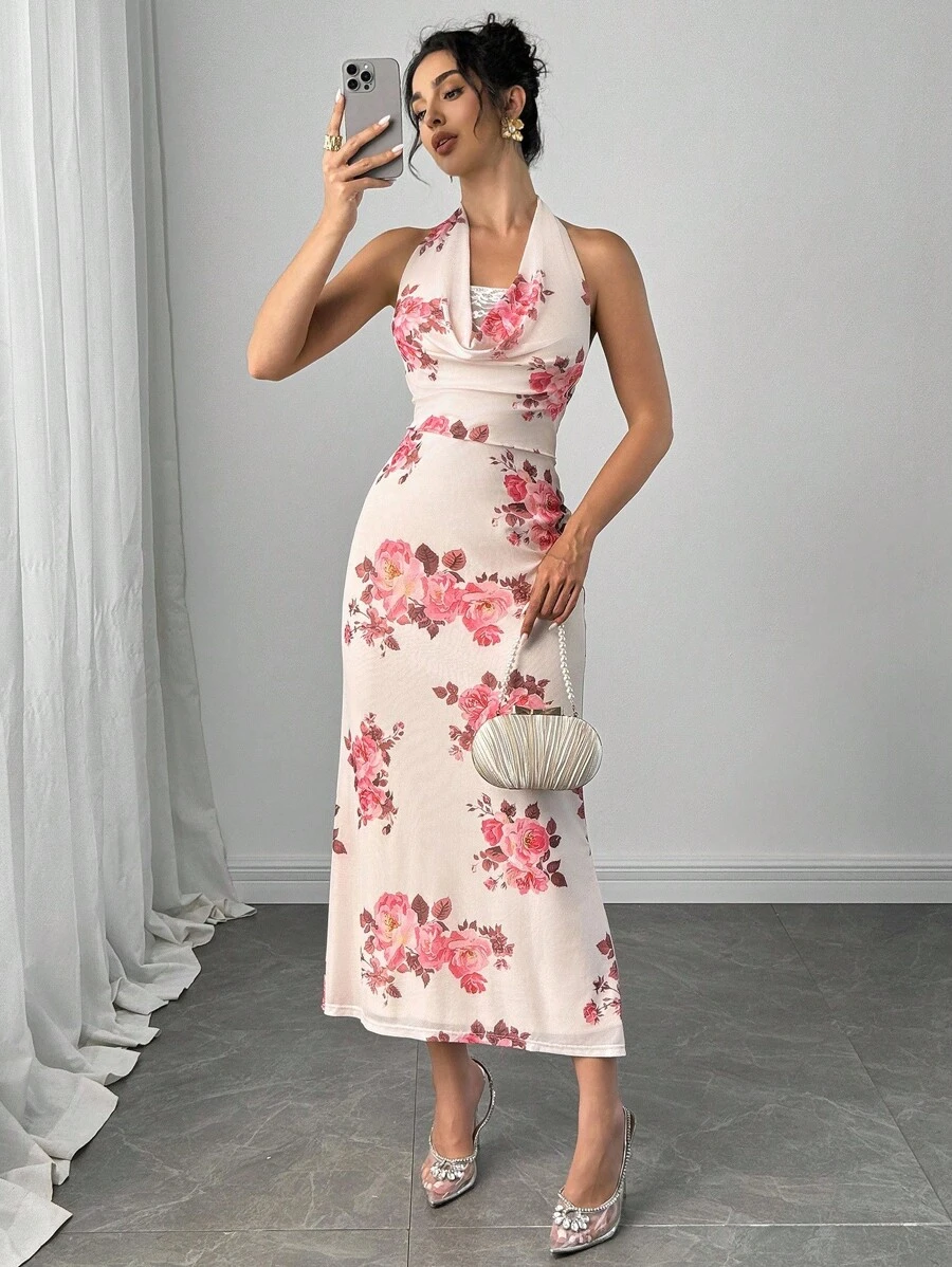 Modelyn Women's Floral Print Draped Neck Bodycon Dress - Pink - View 1