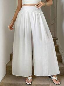 SHEIN LUNE 大码返校服装女士百搭纯色秋季女装宽腿复古服装女士商务休闲女士曲线返校节秋季女装裤子 - 白色 - 查看 5