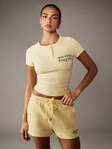 MISSGUIDED 婴儿 T 恤复古运动校队风格短款纽扣前上衣学院运动休闲街头服饰休闲春夏青年时尚 - 黃色 - 查看 6