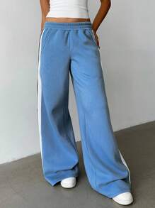 SHEIN BASICS 女士休闲纯色针织宽松阔腿运动裤 - 霧霾藍 - 查看 4