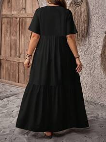 EMERY ROSE Plus Size V-Neck Plant Print Loose Casual Long Dress,Country Casual Vacation Outfits Woman,Simple And Fashionable For Everyday Wear,Summer Tops Women,Summer Outfits For Women,Flowy Dress,Sun Dresses Suitable For Going Out,Holiday Outfits For Women Chic Dress,Flower/Spring - Black - View 2