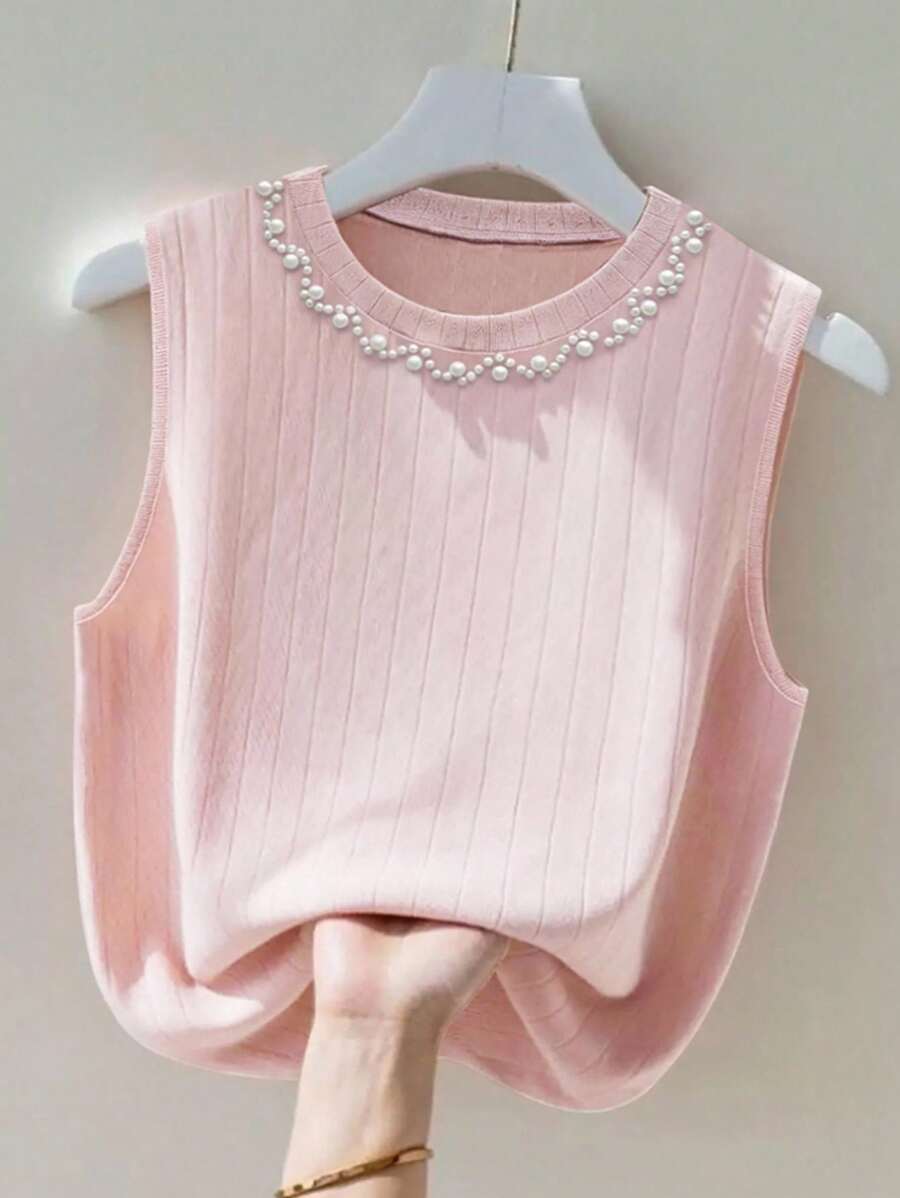 INAWLY Áo ba lỗ cổ tròn thời trang màu trơn đính ngọc trai giả cỡ lớn cho nữ - Hồng - Xem 1