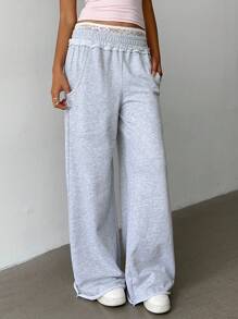 SHEIN BASICS Quần ống rộng dệt kim trơn màu đơn giản dành cho nữ - Màu Xám nhạt - Xem 3