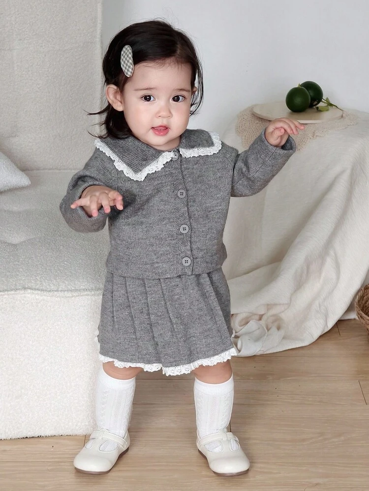 2pcs Baby Girls' Lace Patchwork Collared Long Sleeve Cardigan And Pleated Skirt Knit Sweater Set Fall,Winter Toddler Girls Clothes