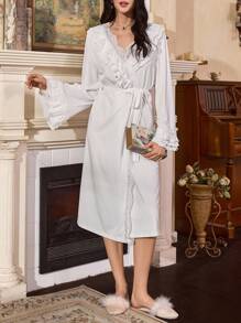 Côtesoire 女士优雅多层撞色蕾丝长袍，法国南部风格，秋季 - 白色 - 查看 4