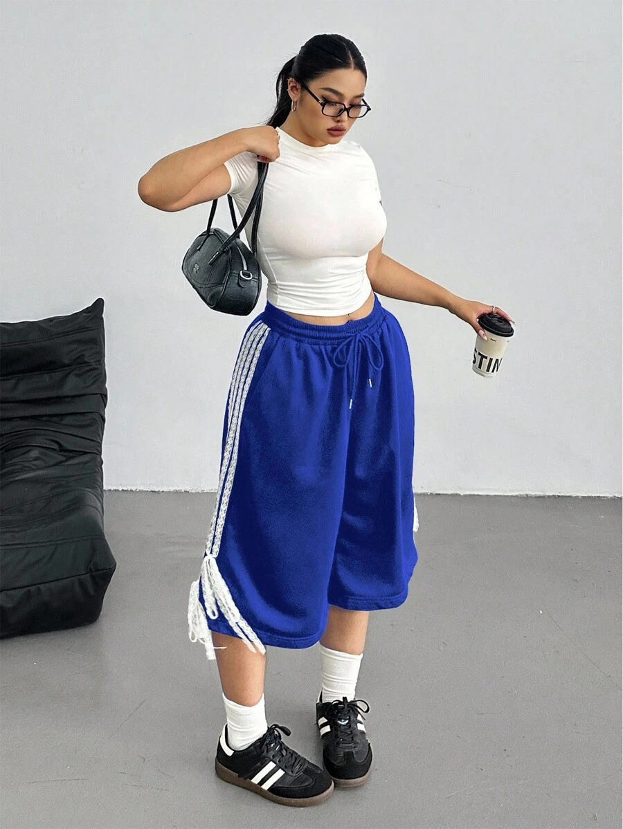 POPSWAY Quần short Bermuda dệt kim buộc dây màu đen phong cách đường phố dành cho nữ cỡ lớn, mùa xuân/hè - Xanh đậm - Xem 1