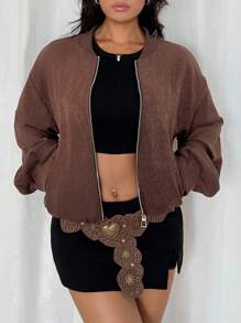 SHEIN Raffinéa Women's Casual Zip Pocket Long Sleeve Jacket, Autumn - Brown - View 1