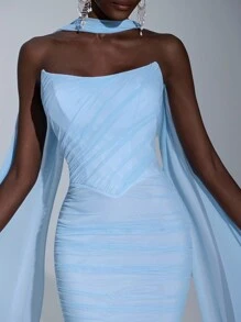 Elitara Váy đuôi cá xếp ly trang trí toàn thân màu xanh nhạt thanh lịch và lộng lẫy với cổ áo kiểu thuyền buồm bằng vải lưới co giãn, kèm khăn choàng, thích hợp cho đám cưới, các dịp trang trọng, hẹn hò, tiệc tùng, váy phù dâu, ngày Valentine. - Màu xanh nhạt - Xem 6