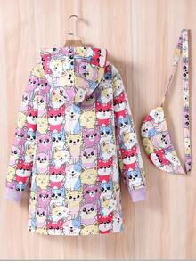 Tween Girl Casual Cartoon Print Thermal Lined Hooded Coat, Autumn/Winter Fall
