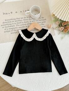 LMoss Kids 女童撞色彼得潘领休闲T恤，黑白配色，秋冬长袖款 - 白色 - 查看 2