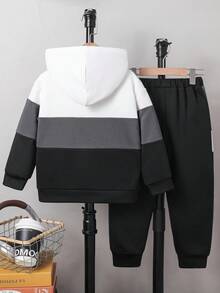 SHEIN 2 件/套年轻男孩针织撞色宽松连帽运动衫 + 针织撞色休闲运动裤，保暖内衬，加厚，返校、返校节、万圣节，非常适合休闲和日常穿着和日常上学、返校季节、圣诞节、万圣节。 - 彩色 - 查看 3