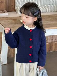 DAZY 女童纯色韩版休闲爱心装饰长袖开衫，春秋季 - 藏蓝色 - 查看 6