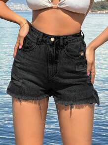 EURMUSE 100%Cotton Back Label Detailed Short With Destroy - Black - View 3