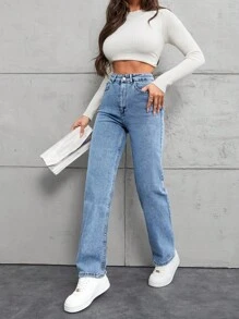 EURMUSE 100%Cotton Slant Pocket Straight Leg Jeans - Light Wash - View 4