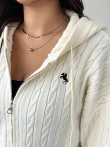 SHEIN EZwear Plus Size Casual Fashionable Versatile Zip-Up Long Sleeve Hooded Cardigans Knitwear Hooded Sweater Zip Up Sweater Cable Knit Sweater In Fall/Winter