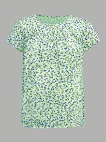 EMERY ROSE Women Summer Boho Ditsy Floral Keyhole Neck Puff Cap Sleeve Fold Pleated Top - Mint Green - View 3