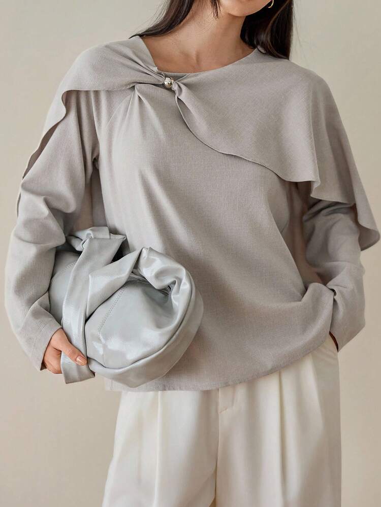 Elegant Business Casual Loose Blouse With Metal Button Decor, Twist Design, Long Sleeve, Suitable For Office Commute, Spring/Summer/Autumn