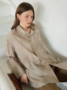 Dazy-Less Camisa de manga larga con botones, diseño asimétrico de dobladillo en degradado, estilo casual de negocios para mujer, otoño - Caqui - Ver 5