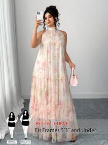 SHEIN PETITE CURVE 大码女式优雅梭织无袖花卉网眼连衣裙 - 米色 - 查看 6