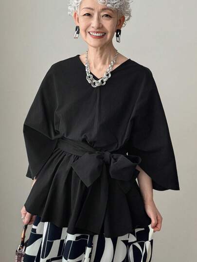 FRIFUL 女式 V 领黑色纯色短袖腰带装饰褶皱宽松休闲百搭衬衫，秋冬