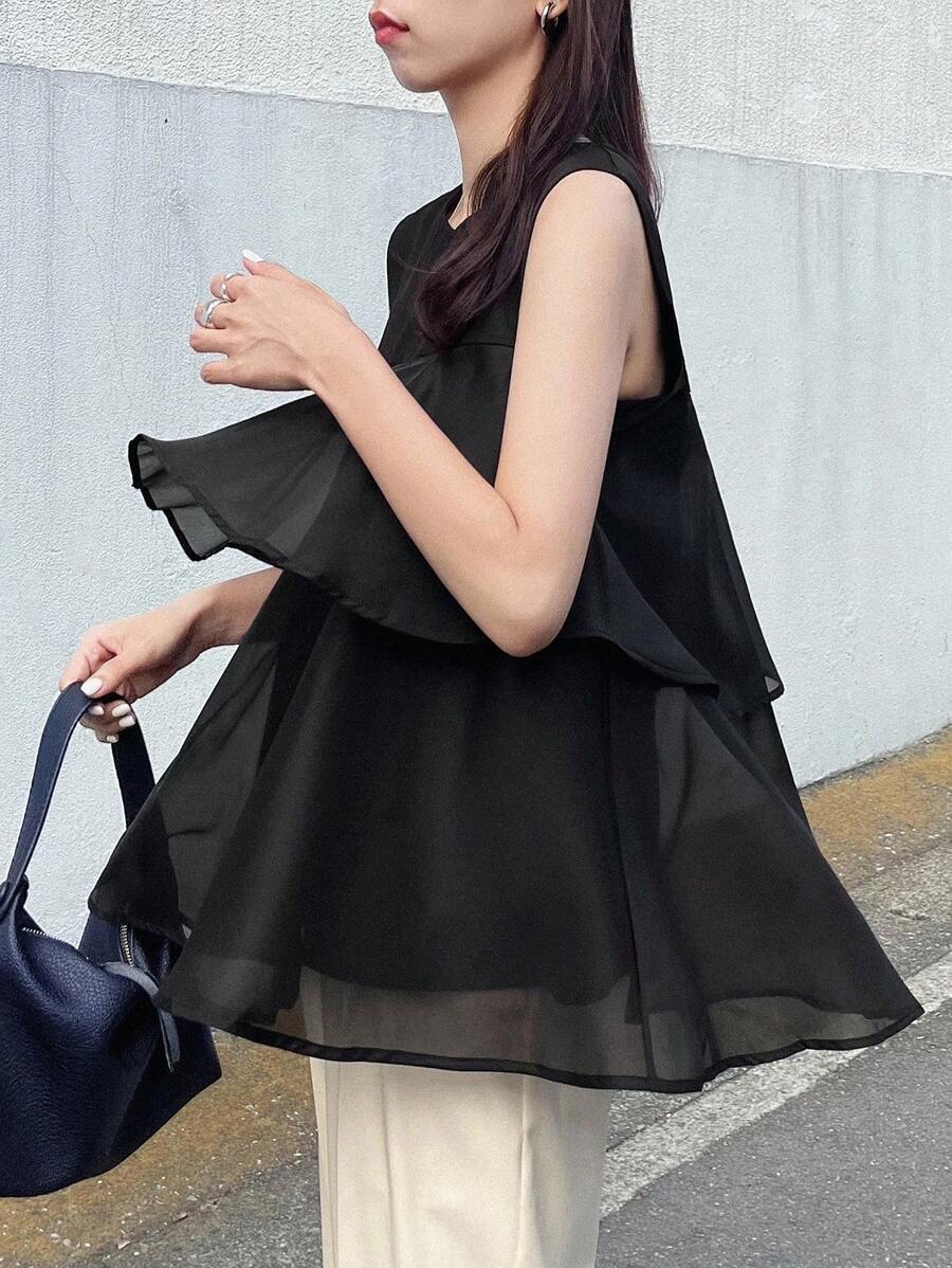 FRIFUL 女式黑色纯色圆领无袖休闲百搭T恤，带荷叶边 - 黑色 - 查看 1