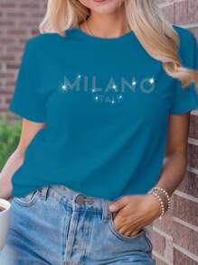 SHEIN LUNE 大码女款米兰意大利标语字母印花T恤短袖休闲上衣图案T恤女式上衣