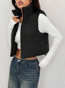 SHEIN PETITE 女士背心适合秋冬季，可搭配多种场合 黑色短款上衣 女士 女士背心 短款背心 黑色背心 女士 羽绒背心 短款羽绒背心 - 黑色 - 查看 3