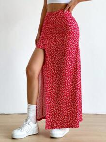 SHEIN EZwear Váy dài hở vai họa tiết hoa mùa hè cỡ lớn gợi cảm - Đỏ - Xem 3