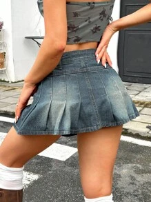 SHEIN EZwear Gonna di jeans corta plissettata casual da donna