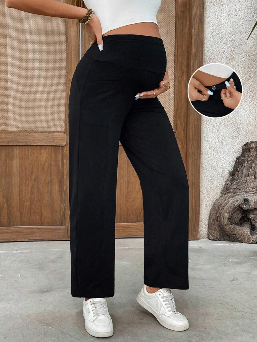 SHEIN Adjustable Waist Comfort Casual Pregnancy Pants With Pockets Maternity Pants Women Clothing Pants Women Wide Leg Pants Pants For Women Long Pants Women Tall Maternity Wide Leg Pants Wide Leg Maternity Pants Black Maternity Pants