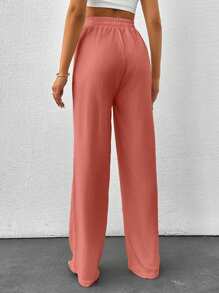 SHEIN Tall Sommer einfarbige beige Hose mit hoher Taille, Kordelzug und weitem Bein in Leinenoptik