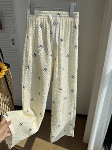 女童粉色条纹蝴蝶结印花泡泡袖纹理腰部白色撞色系带宽松裤子 - 黃色 - 查看 4