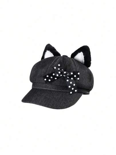 Anime Cat Ear Polka Dot Bow Octagonal Hat Beret Cap, Fashion Casual Versatile Black Newsboy Hat Sun Hat, Suitable For Vacation, Party, Social Occasions